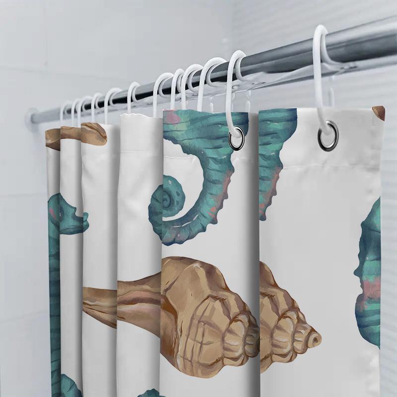Seashell Seahorse Shower Curtain Waterproof Fabric Bath Decor Blue Green Print Home Decorative Washcloth White Background Patter