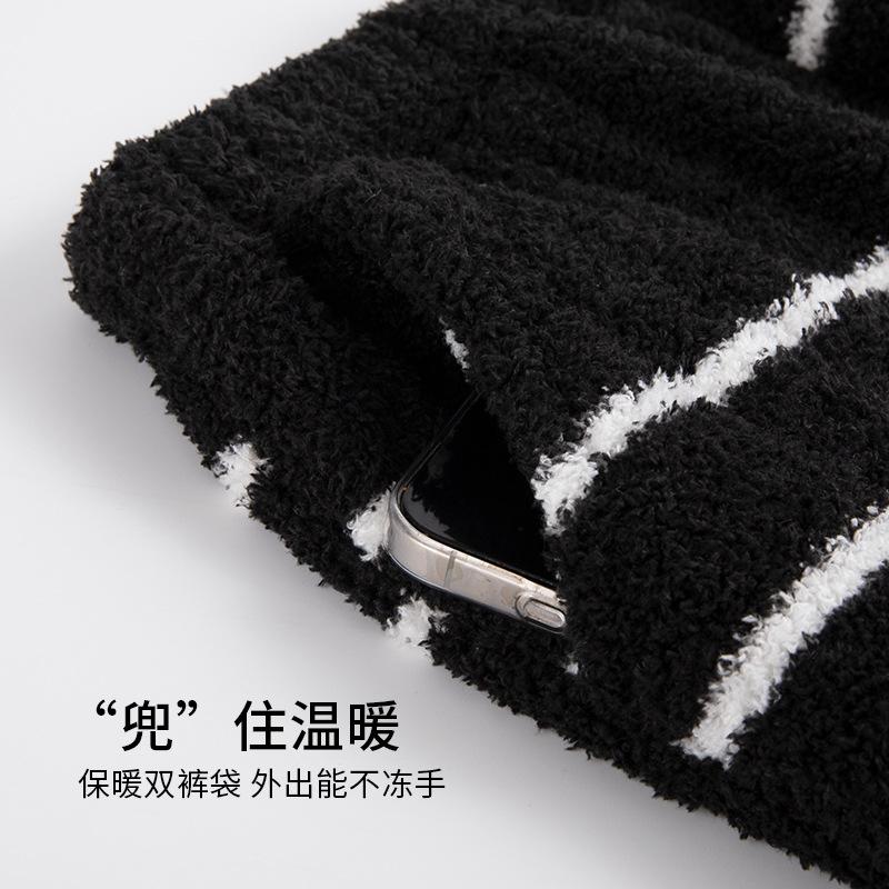 Half-Fleece Pajamas Women'S Autumn And Winter Fleece Thickened Long-Sleeved Suit Winter Warm Striped Fashion Loungewear