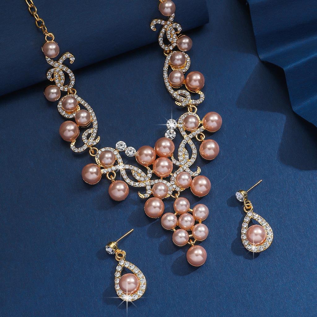 3pcs women's Zircon set, alloy water droplet shaped flower pearl necklace earrings, bride's wedding accessories