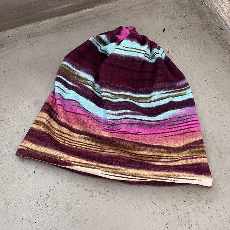 

Hat Knit Unisex With Stripe Print No Brim Design For Winter Outdoor Activities фиолетовый