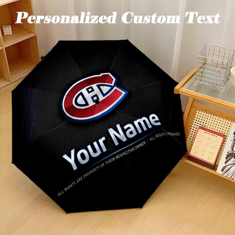 Montreal Canadiens Automatic 8‑ribs Umbrella, Custom Name Text Personalized Folding Umbrella Rain Sun Gift