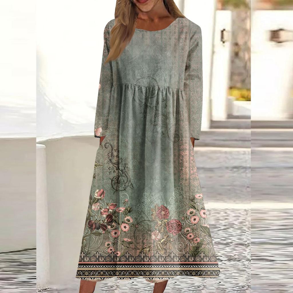Women's Casual -neck Print Mid-length Dress Long-sleeved Pocket Dress