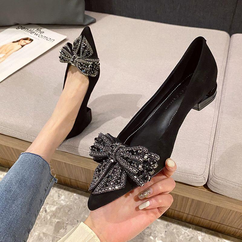 Fashion French Rhinestone Bowknot Black Single Shoes Women's Low Heel Shoes for Women 2025 New Shallow Pointed Thick Heel Shoes Works