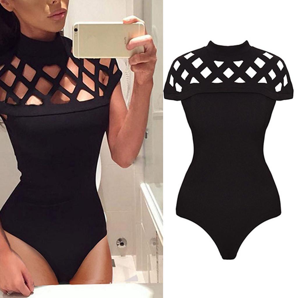 Ladies Choker Hollow Out High Neck Bodycon Caged Sleeves Bodysuit Tops Jushye Women Sleeveless Jumpsuit