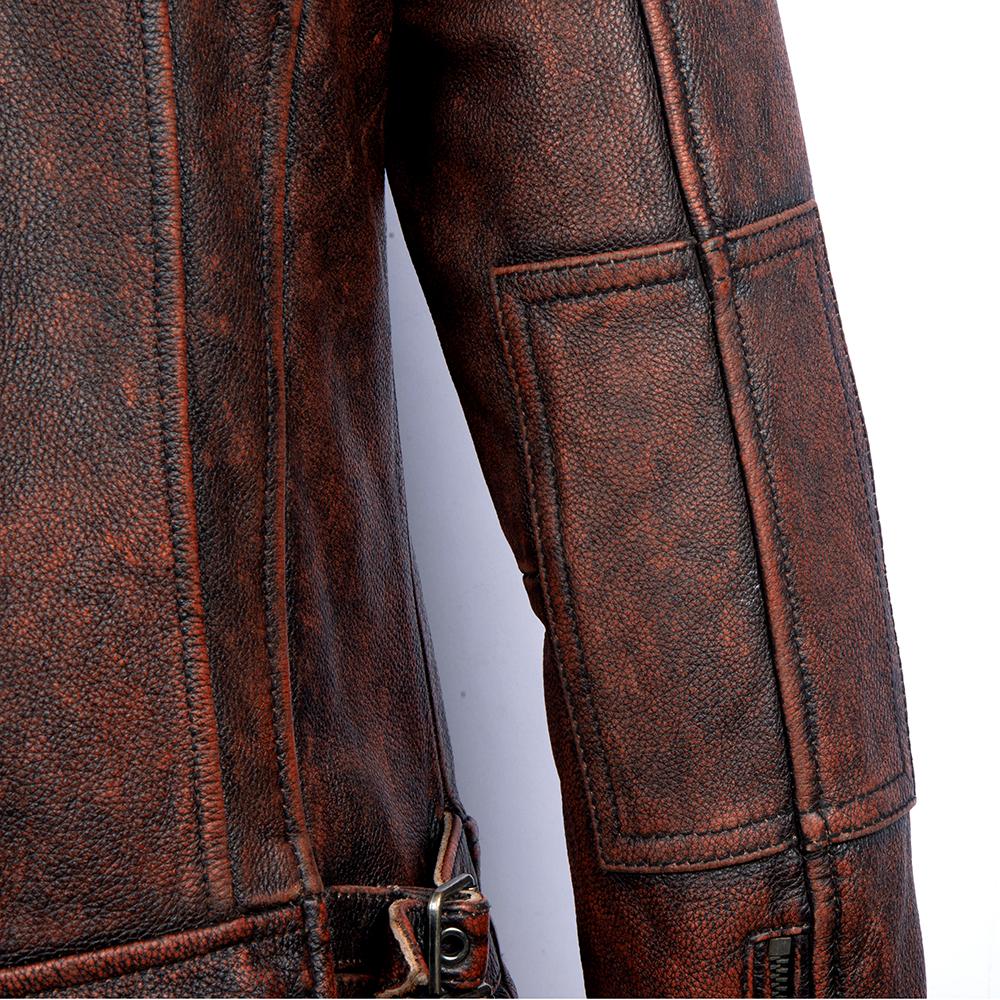 Men's Leather Jacket Vintage Red Brown Real Cow Leather CoatTurn Down Collar Spring Autumn