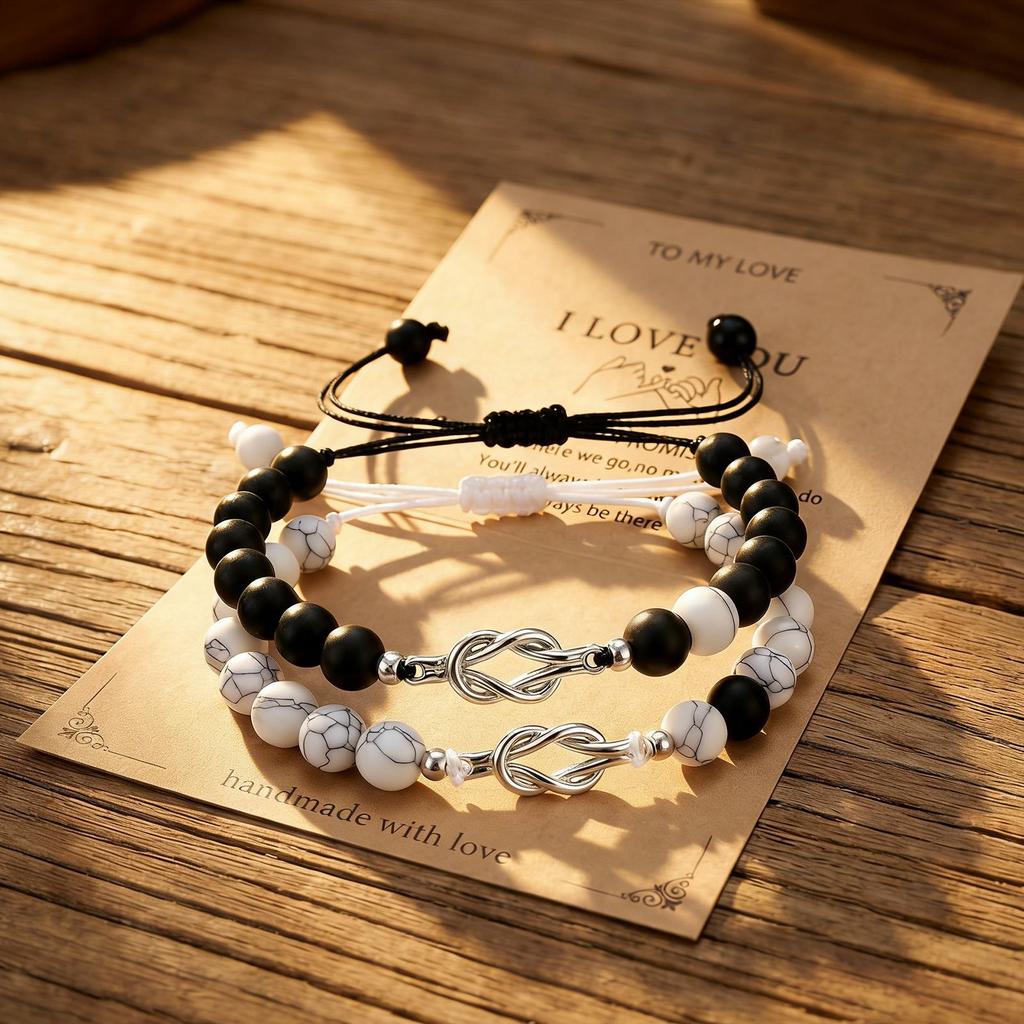 Natural White Howlite Black Sandblasted Unisex Bracelet Couple Knot Matching Pair Jewelry