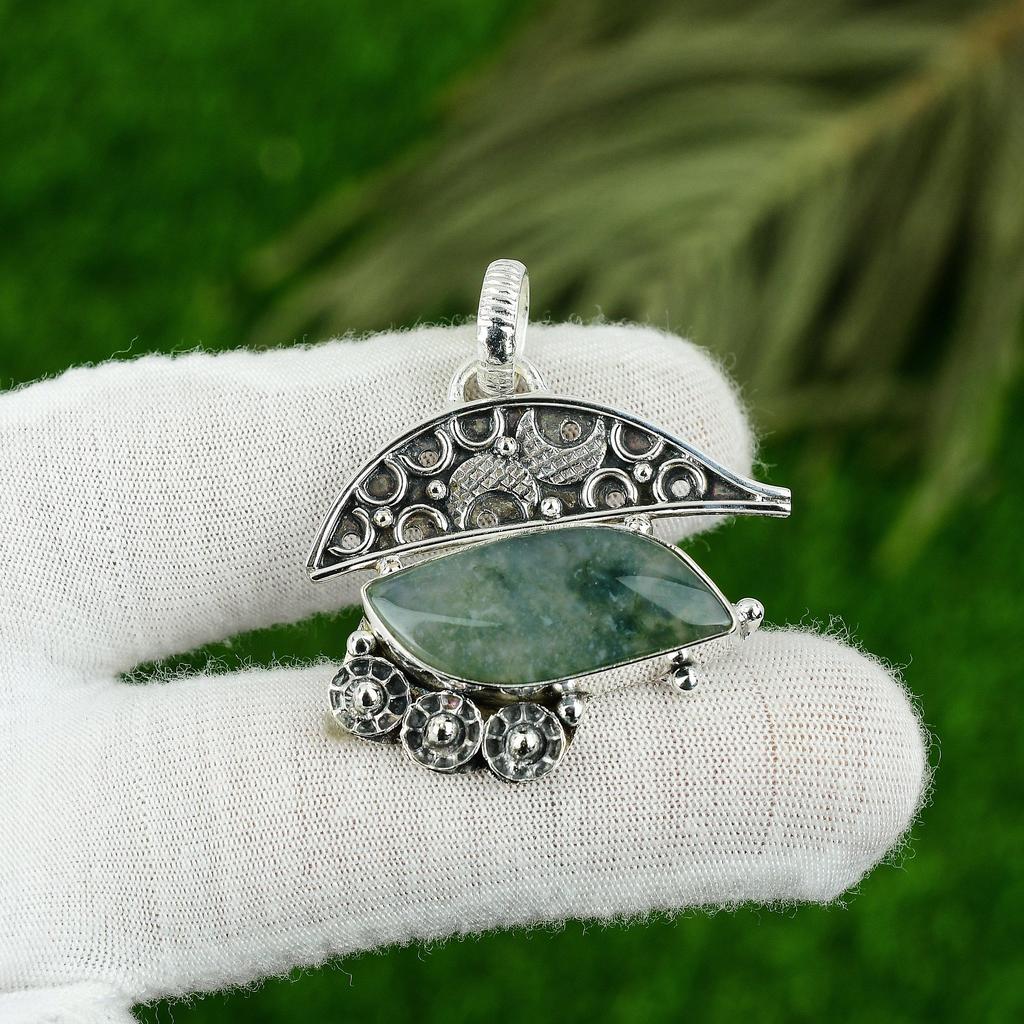 Cadeau Pour Femmes Pendentif Argent Sterling 925 Pierre Gemme Agate Mousse Solaire Naturelle