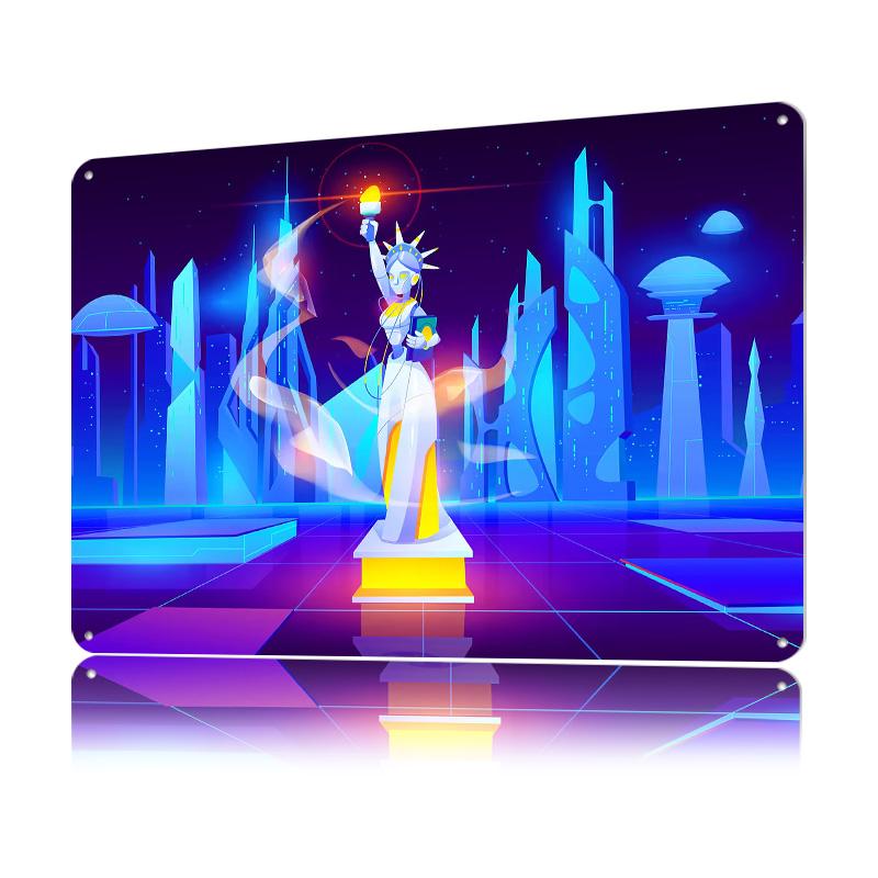 Synthwave Neon City Tinplate Poster Customized Wall Art Retro Vintage Metal Signs for Fans Living Room Decorations Desk Decor