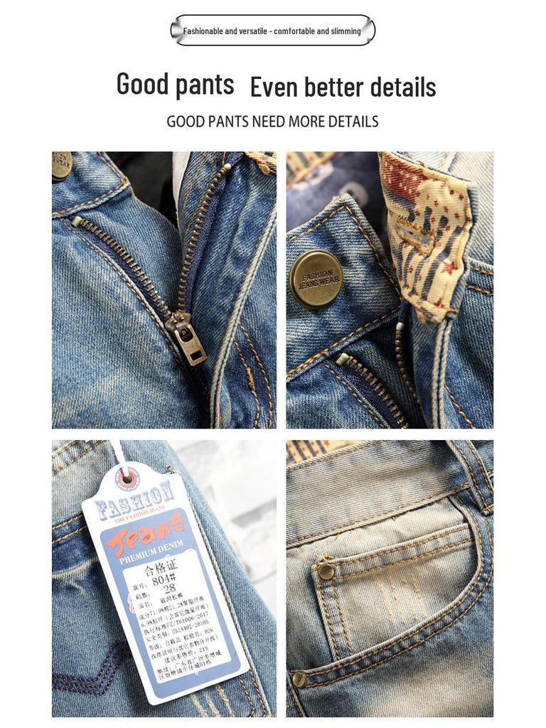 2025 Retro Washed Denim Jeans - Men's American High Street Style, PUNK Slim Fit, Straight Leg, Long Pants