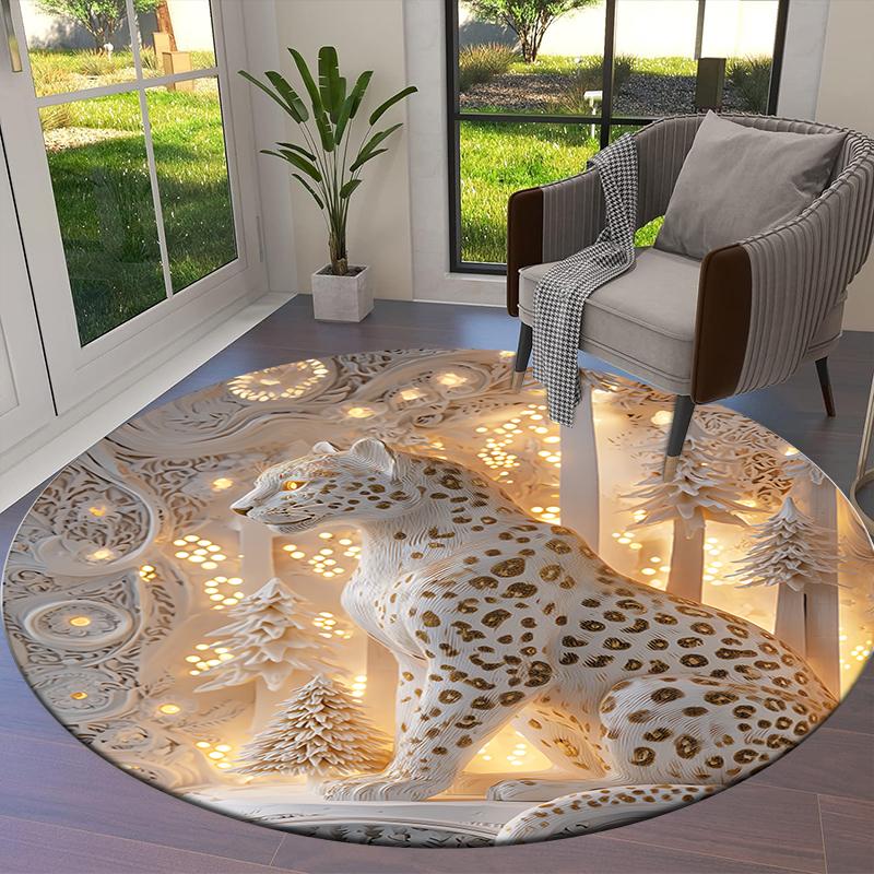 Stone Carving Leopard and Dragon Round Area Rug,Carpet Rug for Living Room Bedroom Sofa Playroom Decor,Non-slip Floor Mat