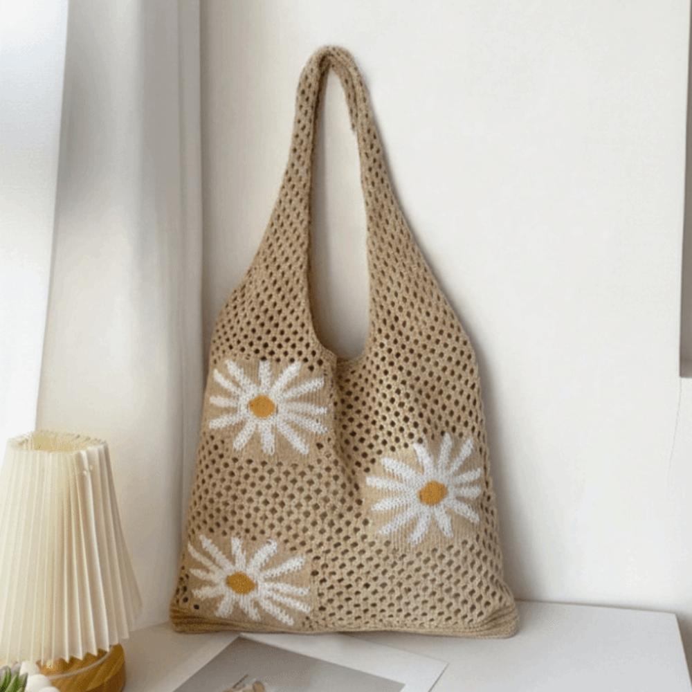 Large Capacity Beach Knitting Bag Flowers Pattern Hollow Shoulder Bag Crochet Tote Bag  Office