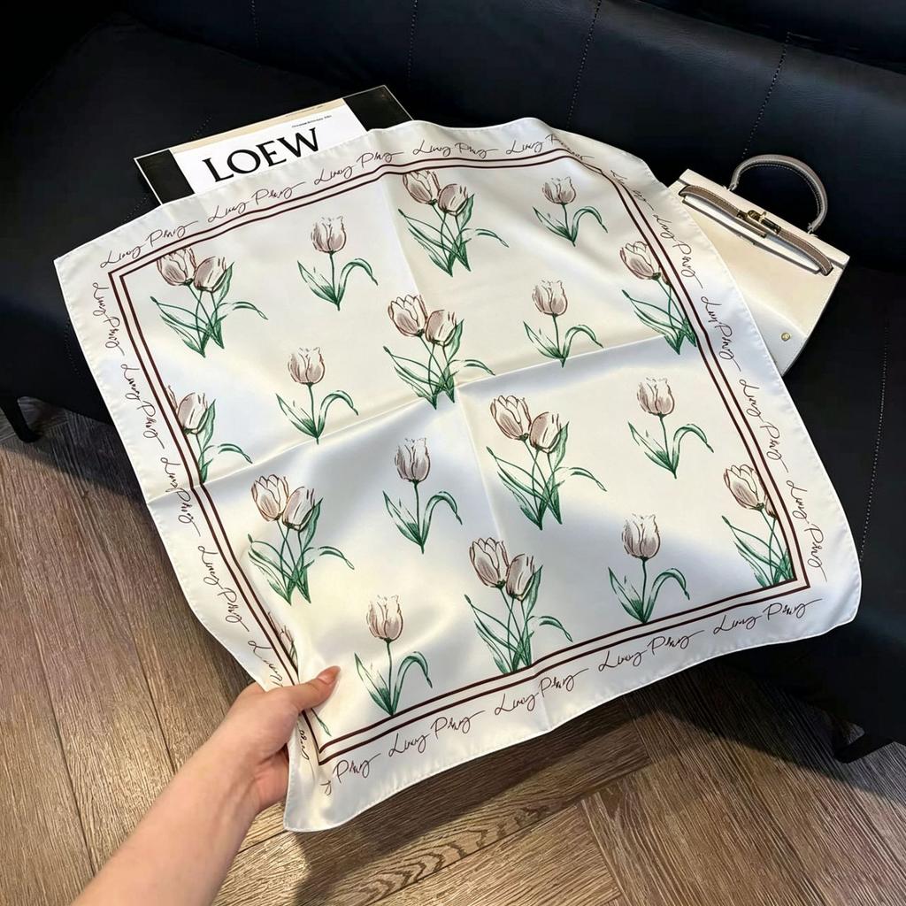 71Cm New Chinese Simulation Silk Square Scarf Soft and Skin-friendly Ink Flower Rhyme Printing Silk Scarf Neck Sunscreen Small Scarf