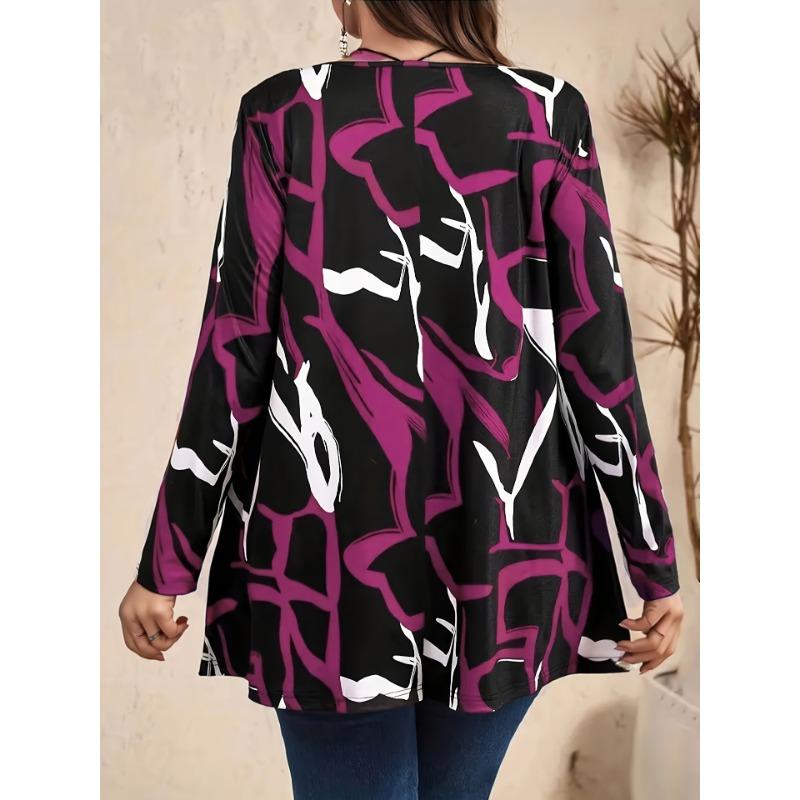 Women's Abstract Geometric Print Long Sleeve Crew Neck Loose Tunic Top
