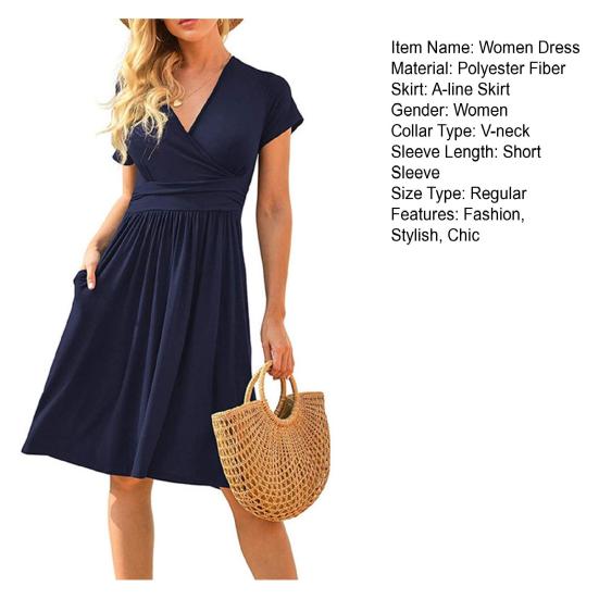 Dámské šaty s krátkým rukávem s výstřihem do V, splývavé šaty, ležérní plisované áčkové šaty s kapsami, letní plážové šaty