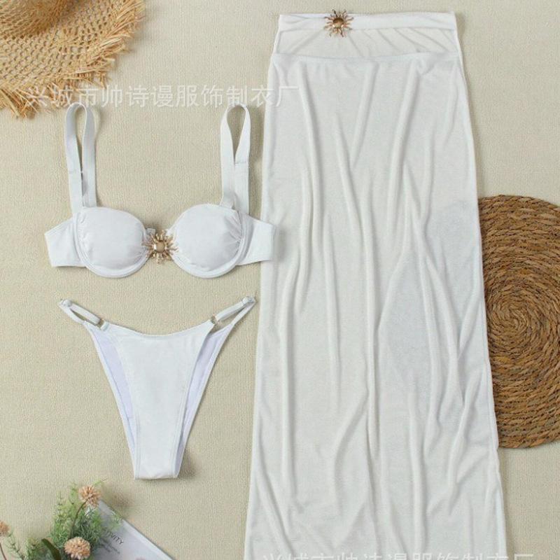 New three-piece swimsuit straps sexy bikini split swimsuit solid color slim beach skirt S белый
