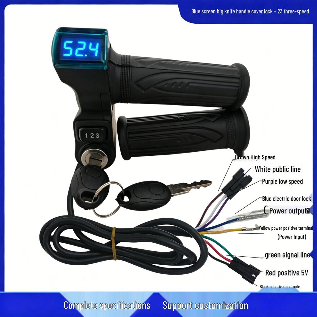 Blue Screen Electric Bicycle Throttle Grip with Large Handle Lock & 3-Speed Voltage Display