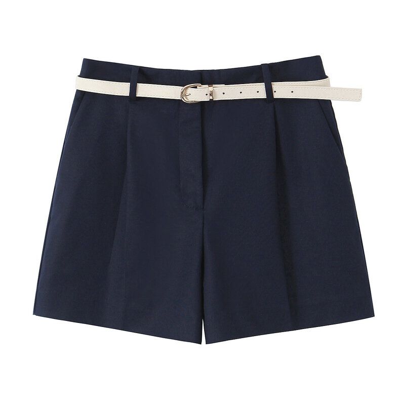 Fashion Style 2024 Spring New Arrival Women s Clothing Versatile Belt Pleated Bermuda Wide Leg Shorts 4387074 Blue S