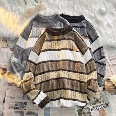 Men's Loose Round Neck Off-shoulder Long-sleeved Sweater New Autumn and Winter Fashion Striped Warm Youth Sweater