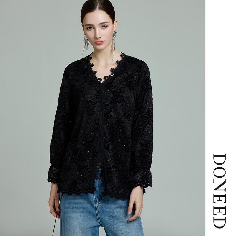 DONEED French Style Lace Trim V-Neck Long Sleeve Blouse
