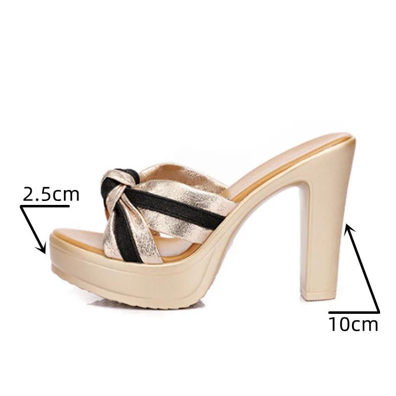 Plus Size 32-43 Open Head Block Heel Platform Slippers Summer 2025 Stripe Elegant High Heels Slides Office Party Shoes