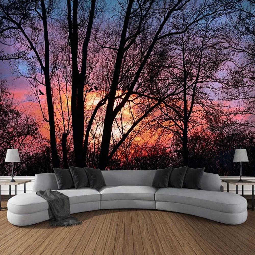 Forest landscape tapestry wall hanging living room bedroom fabric decoration background Bohemian hippie picnic mat bed sheet