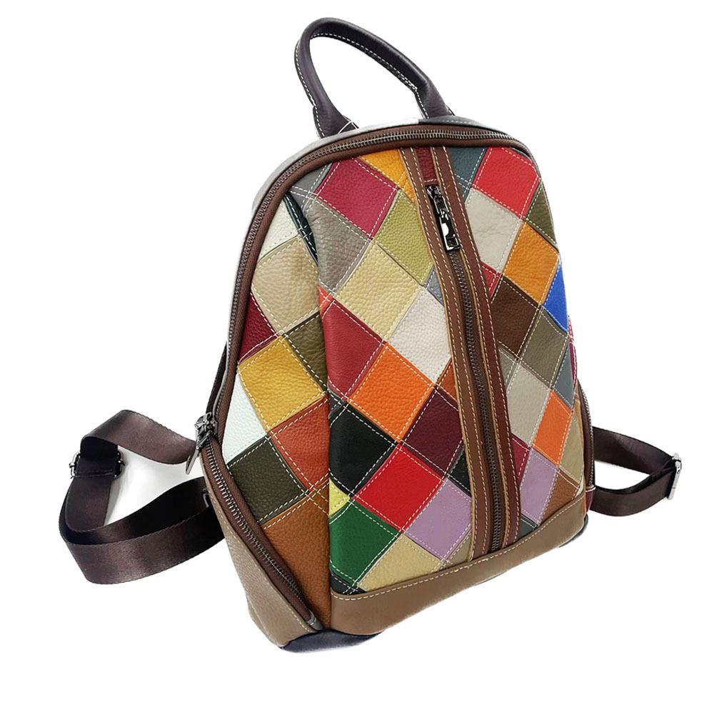 Retro Damentasche Farbiger Leder Plaid Splicing Rucksack Damentasche Erste Schicht Rindsleder Reiserucksack Vielseitig