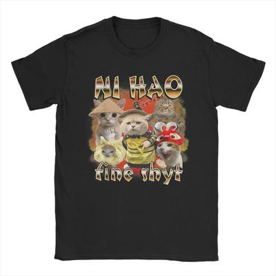 Camiseta de hombre Ni Hao Fine Shyt Funny Brainrot Meme Funny 100% algodón camiseta de manga corta linda camiseta de gato ropa gráfica