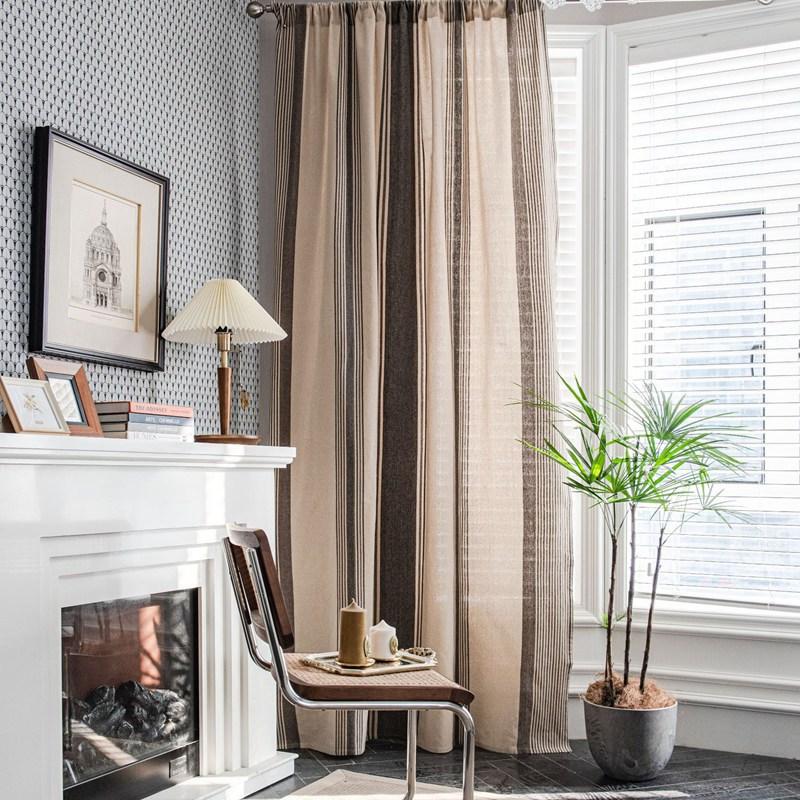 Home Life Yarn-dyed Striped Coffee American Style Kitchen Window Curtain Cotton Linen Semi-shading Living Room Bedroom Curtain
