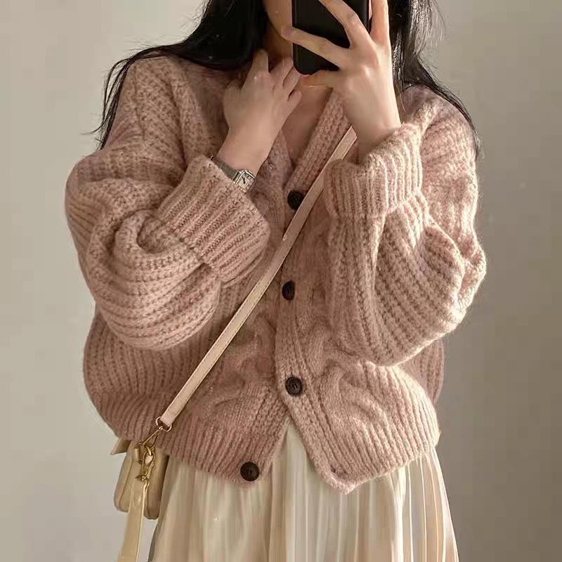 Winter Warm Langarm Strickjacke Damen V-Ausschnitt Lockerer Pullover Herbst Elegant Einfarbig Lässiges Strickoberteil