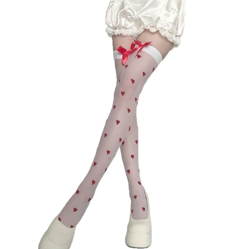 Love Bow Black Silk Knee Socks Sweetheart Red High Thighs Socks Women'S Pure Legs Stockings