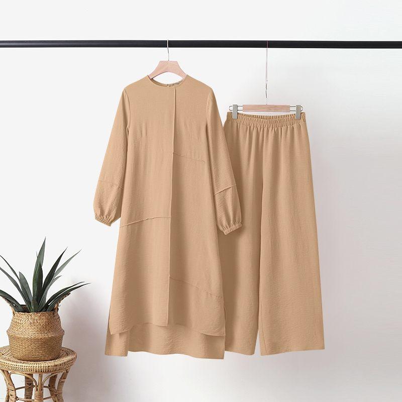 Muslim Women's Urban Sportswear: Elegant Puff Sleeve Shirt & Wide Leg Pants Set