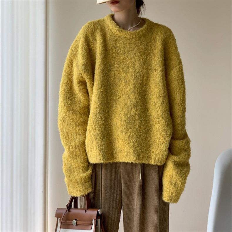 Circle Yarn Solid Color Crew Neck Pullover Sweater Women's Autumn and Winter New Loose Lazy Wind Knitted Sweater