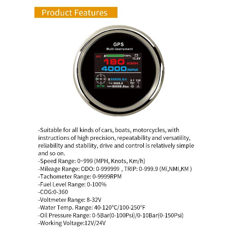 Waterproof 85mm 0-999 km/h MPH Knots GPS Speedometer Odometer Trip Tachometer Hours with Fuel Voltmeter Water Temp for Boat Car
