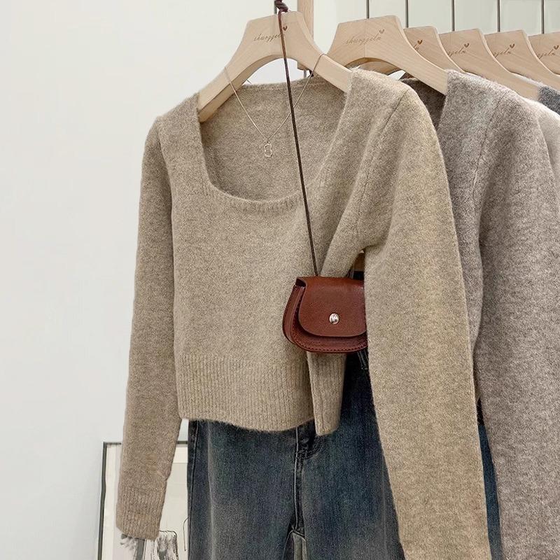 Autumn Square Collar Sexy Slim Fit Knitted Sweater for Women Fashion Winter Pullovers Women Sweaters Tops Elegant Soft Warm Ladies Knit Jumpers 25863