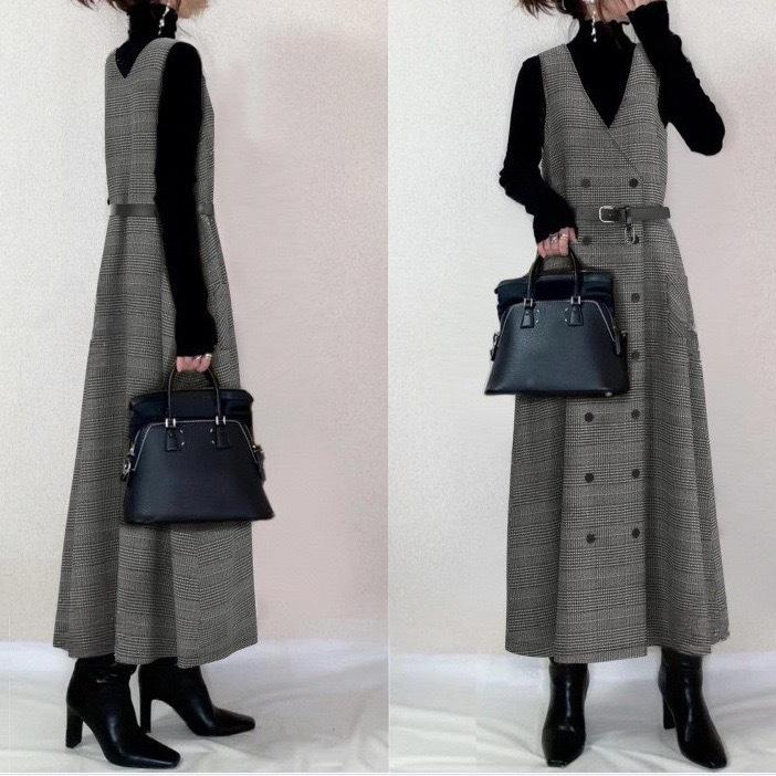 2026 Spring/Autumn Woolen Plaid V-Neck Crossover Vest Dress - Japan/Korea Style