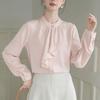 [SYitong] Women's Long-Sleeved Plain Blouse, Stylish, Washable, Collarless, White/Pink, Lined, Business/Office Wear, Cute, Popular, Perfect for Dates,