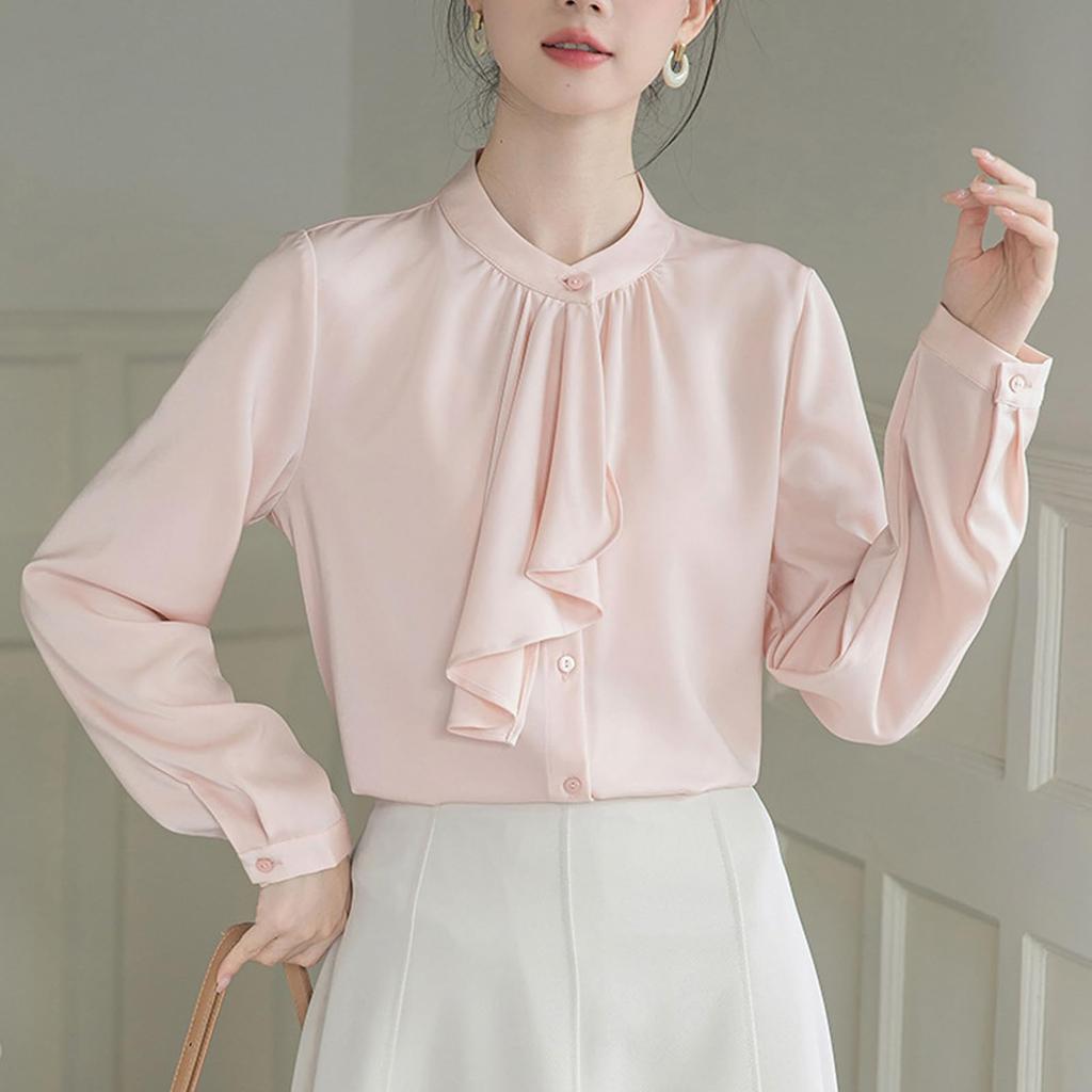 [SYitong] Women's Long-Sleeved Plain Blouse, Stylish, Washable, Collarless, White/Pink, Lined, Business/Office Wear, Cute, Popular, Perfect for Dates,