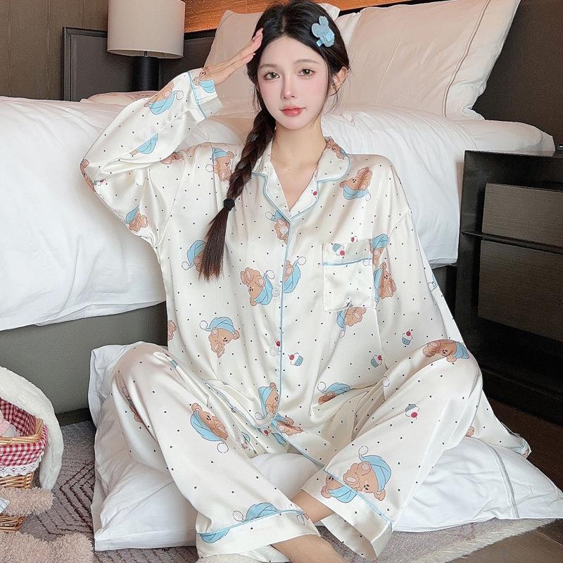 Ice Silk Thin Style Women'S Long-Sleeved Pajamas Spring And Autumn Cartoon Brown Puppy Polka Dot Print Loungewear