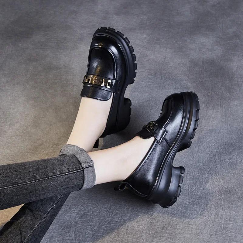 6CM Genuine Cow Leather Loafers Women 2024 Autumn New Design Pumps Round Toe Metal Thick High Heel Chunky Platform Shoes