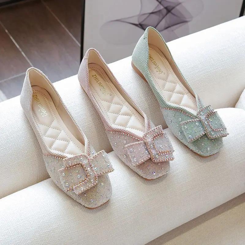Rhinestone With Bow Crystals Non Slip Woman Flats Diamond Shoes for Women Comfortable and Elegant Summer a Spring Popular
