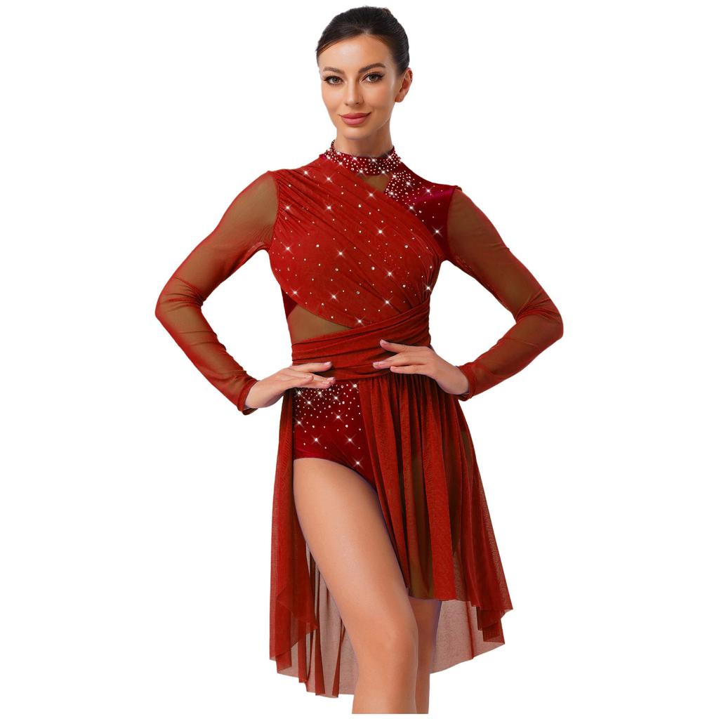 Dame Lyrisk Dansedrakt Langermet Rynket Ryggløst Design Glitrende Rhinsteiner Ett Stykke Draktdrakt