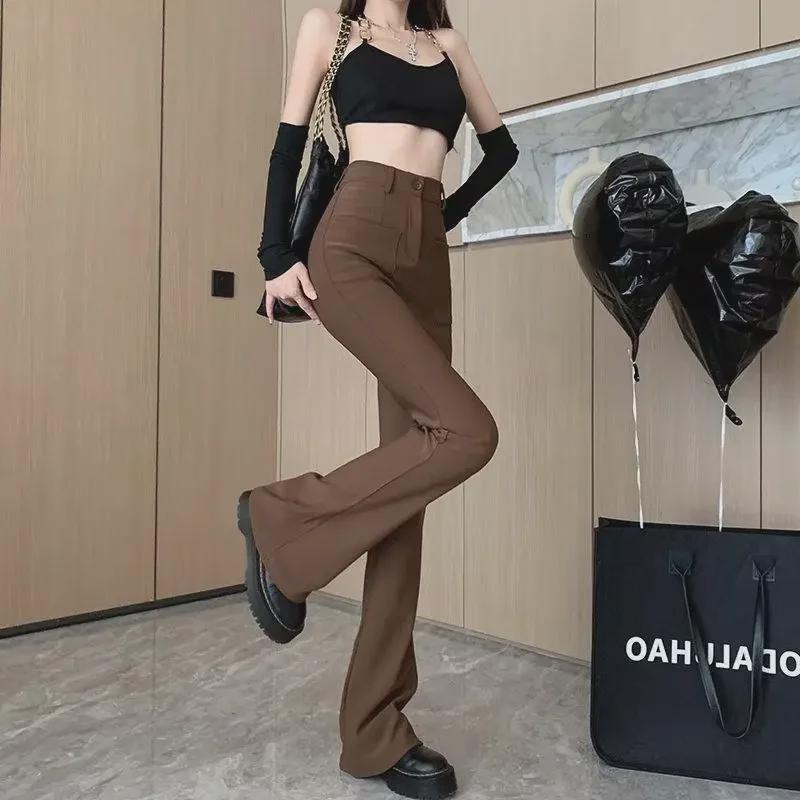 Women's Coffee High-Waisted Flared Pants - Slimming Casual Trousers for Spring & Autumn