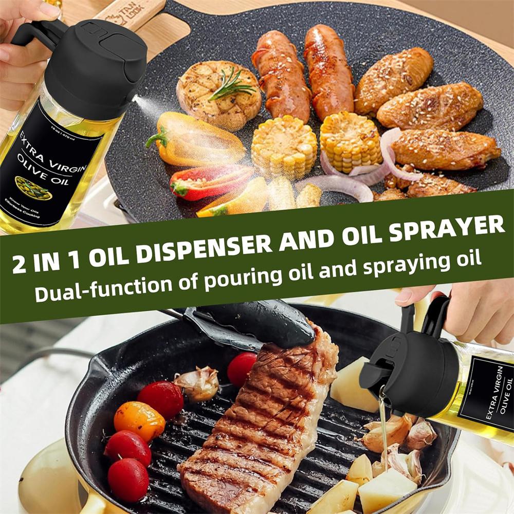 Oil Sprayer for Cooking,2in1 Olive Oil Dispenser Bottle for Kitchen with Stickers,16oz/470ml Premium Glass,Food-grade Oil Mister