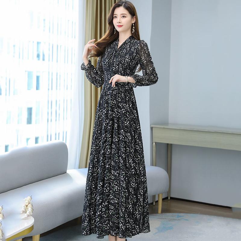 Chiffon-Langarmkleid, Frühling und Herbst, Blumen-Chiffon, Super-Fee-Taille, Strandkleid, langer Rock, Stoff, leicht, atmungsaktiv