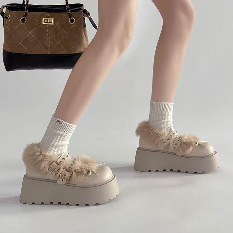 Winter small man heightening Birkenstocks velvet loafers small leather shoes platform hairy Mary Jane shoes women