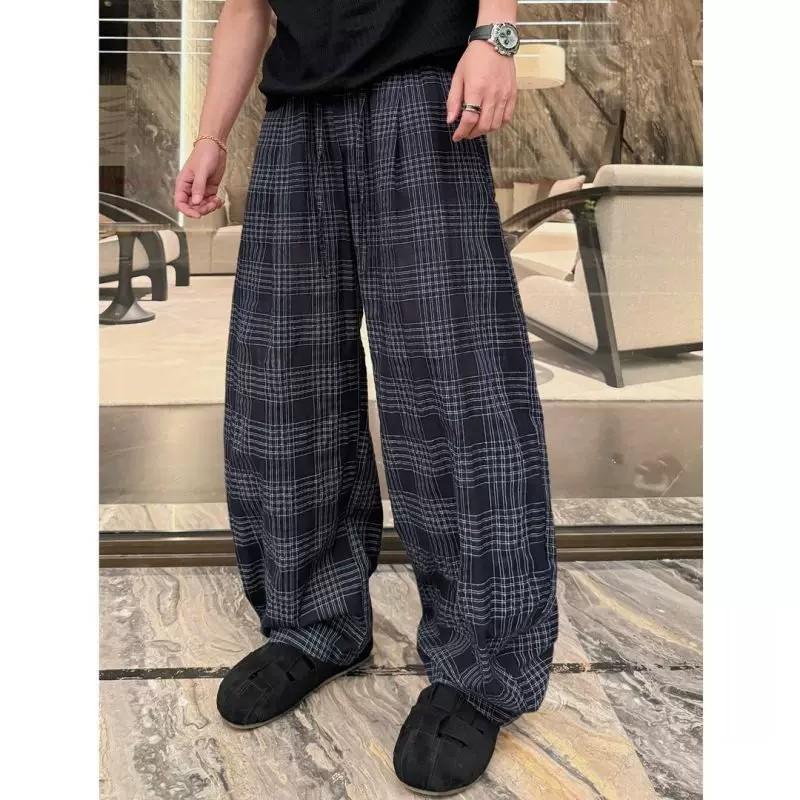 Straight-leg pants summer lazy wind advanced cool feeling loose wide-leg pants slimming feeling American retro plaid pants thin men