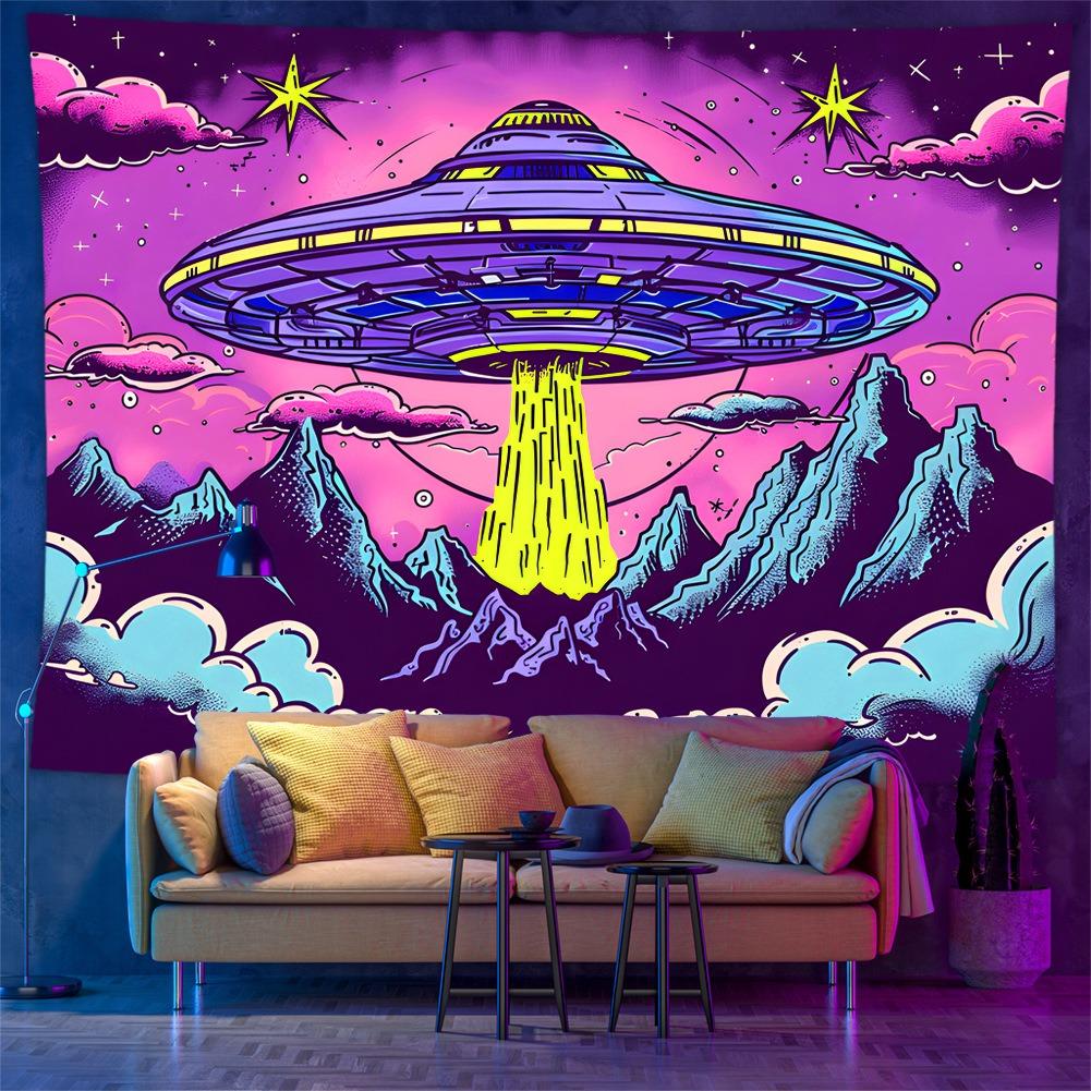 UV Reactive UFO Tapestry Psychedelic Alien Space 2D Flat Printed Peach Skin Wall Hanging Bedroom Aesthetic Gamer Room Decor