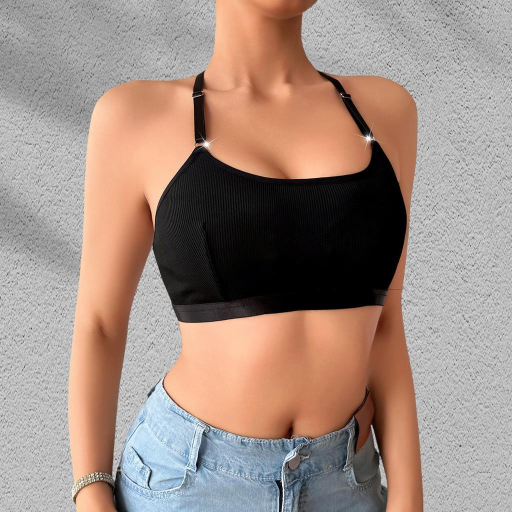 Women Solid Ribbed Halter Adjustable Strap Wireless Casual Bralette