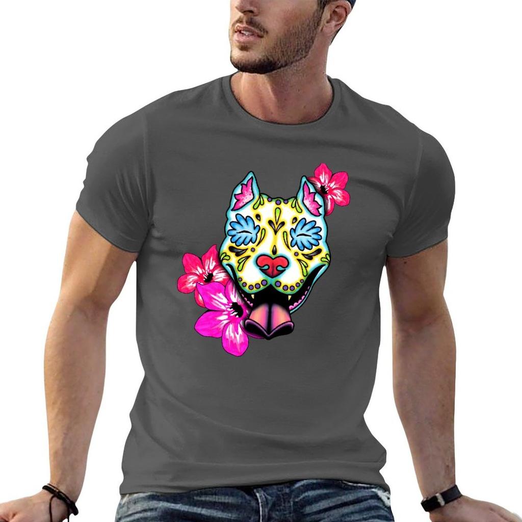 Slobbering Pit Bull Day Of The Dead Sugar Skull Pitbull Dog Tshirt T Shirts For Unisex Graphic Tees T Shirts Cotton 100 Tshirt