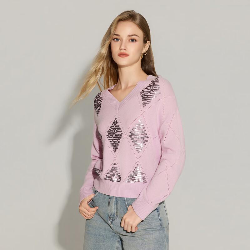 

Shetu Merino Wool Rhombus Sequin V-Neck Sweater L